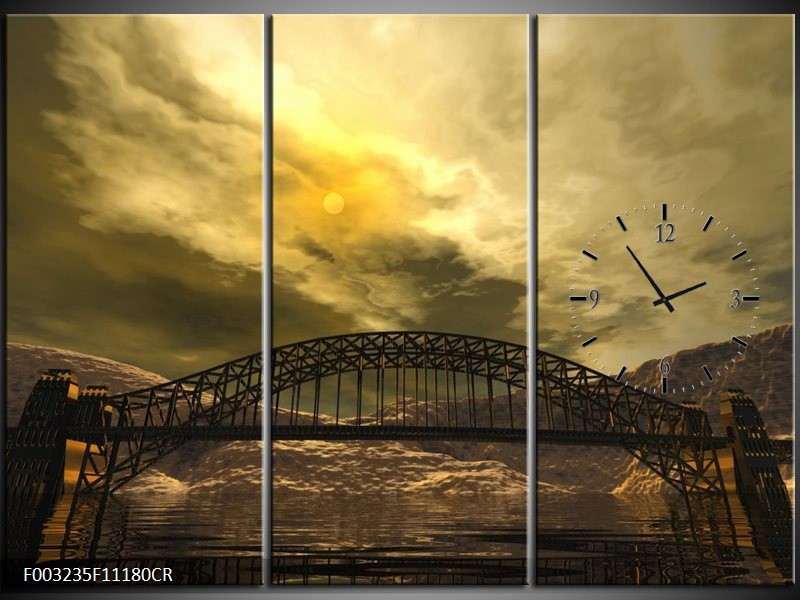 Klok schilderij Brug | Geel, Bruin, Grijs | 111x80cm 3Luik
