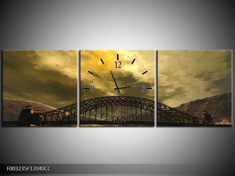 Klok schilderij Brug | Geel, Bruin, Grijs | 120x40cm 3Luik