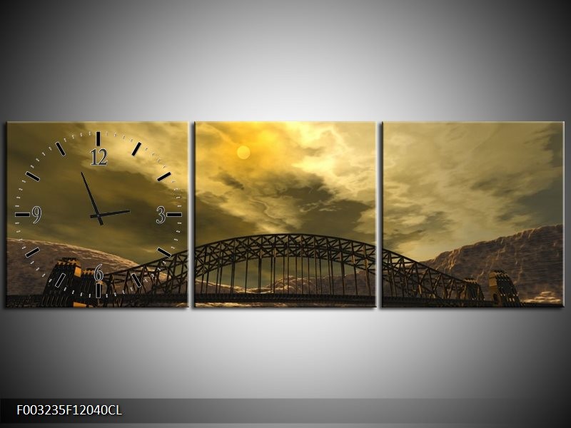 Klok schilderij Brug | Geel, Bruin, Grijs | 120x40cm 3Luik