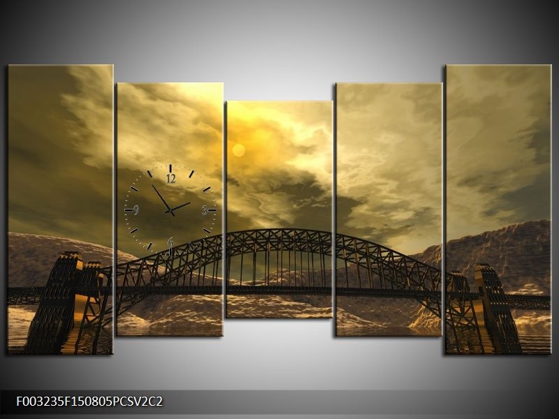 Klok schilderij Brug | Geel, Bruin, Grijs | 150x80cm 5Luik