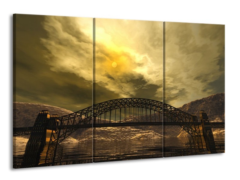Canvas schilderij Brug | Geel, Bruin, Grijs | 165x100cm 3Luik