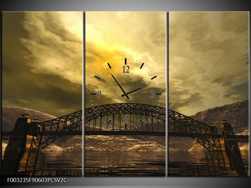 Klok schilderij Brug | Geel, Bruin, Grijs | 90x60cm 3Luik