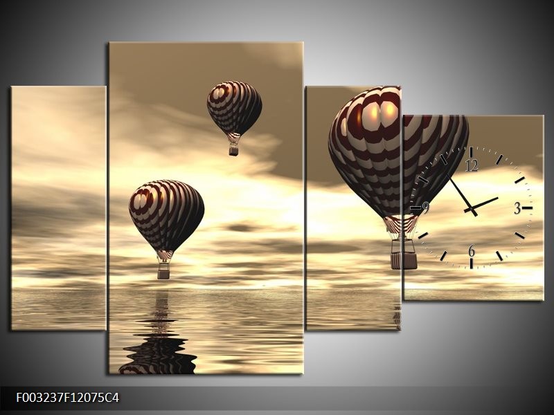 Klok schilderij Luchtballon | Bruin, Grijs, Wit | 120x75cm 4Luik