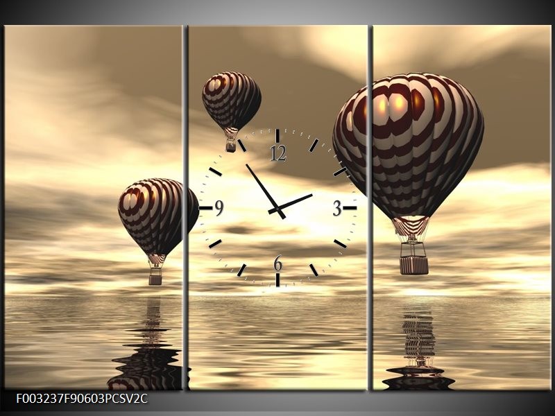 Klok schilderij Luchtballon | Bruin, Grijs, Wit | 90x60cm 3Luik