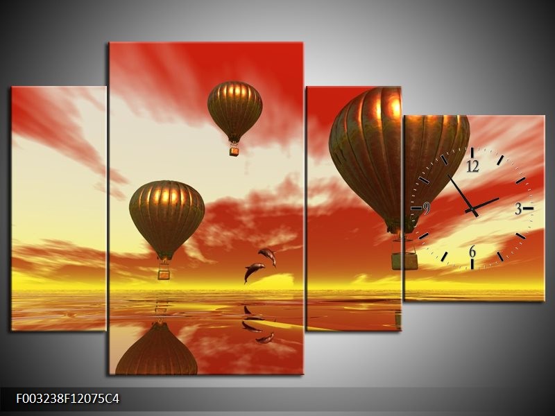 Klok schilderij Luchtballon | Geel, Goud, Rood | 120x75cm 4Luik