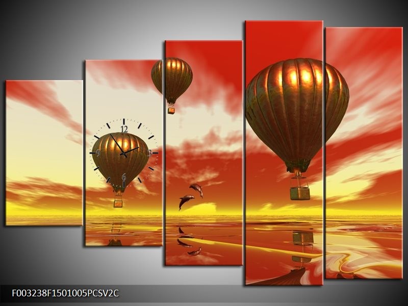 Klok schilderij Luchtballon | Geel, Goud, Rood | 150x100cm 5Luik