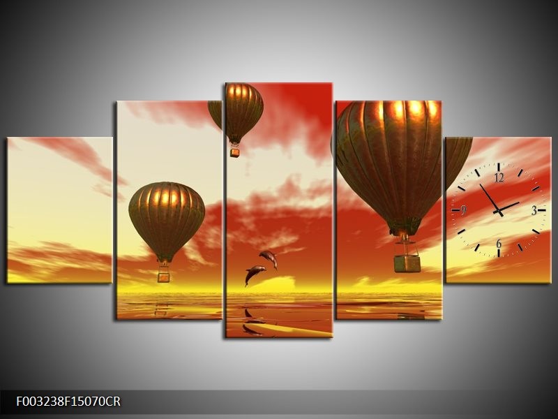 Klok schilderij Luchtballon | Geel, Goud, Rood | 150x70cm 5Luik