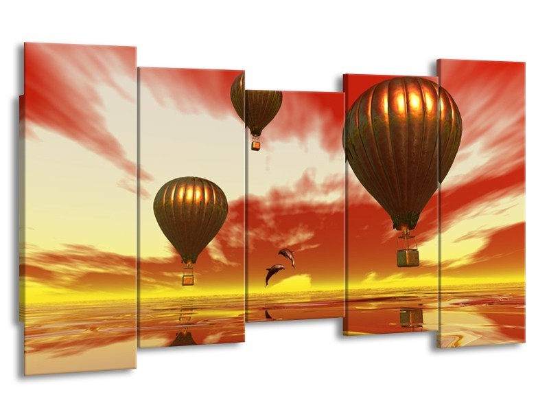 Canvas schilderij Luchtballon | Geel, Goud, Rood | 150x80cm 5Luik