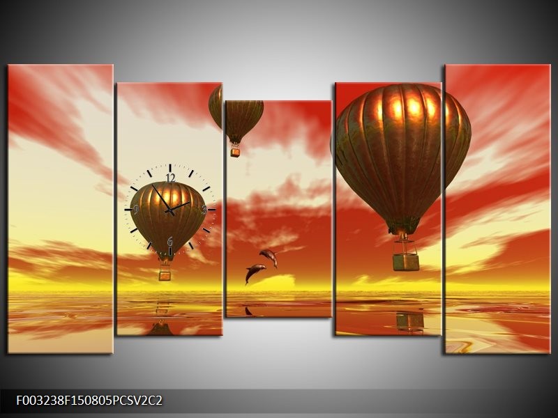 Klok schilderij Luchtballon | Geel, Goud, Rood | 150x80cm 5Luik