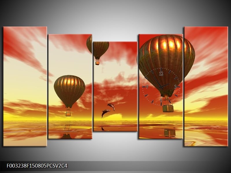 Klok schilderij Luchtballon | Geel, Goud, Rood | 150x80cm 5Luik