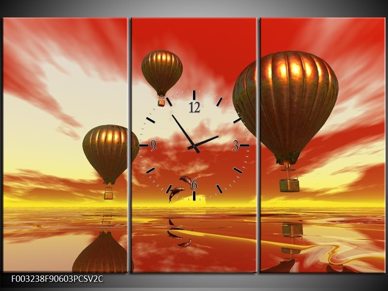 Klok schilderij Luchtballon | Geel, Goud, Rood | 90x60cm 3Luik