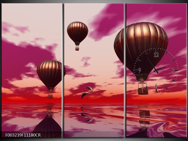 Klok schilderij Luchtballon | Paars, Rood, Grijs | 111x80cm 3Luik