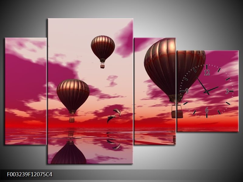 Klok schilderij Luchtballon | Paars, Rood, Grijs | 120x75cm 4Luik
