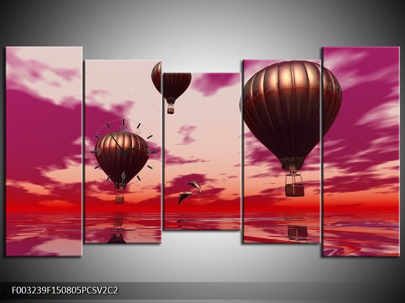 Klok schilderij Luchtballon | Paars, Rood, Grijs | 150x80cm 5Luik