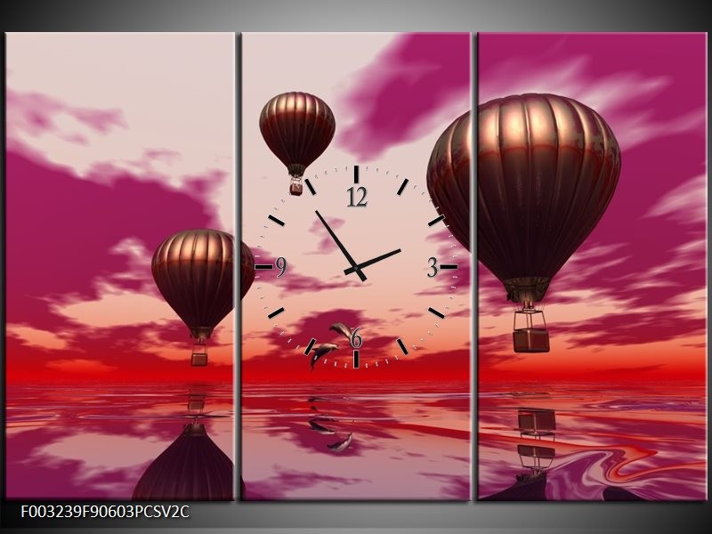 Klok schilderij Luchtballon | Paars, Rood, Grijs | 90x60cm 3Luik