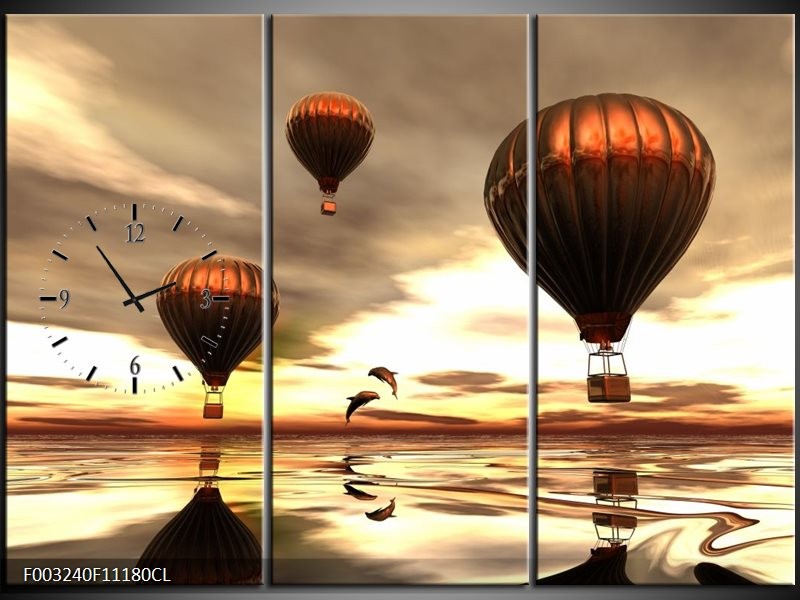 Klok schilderij Luchtballon | Grijs, Bruin, Wit | 111x80cm 3Luik