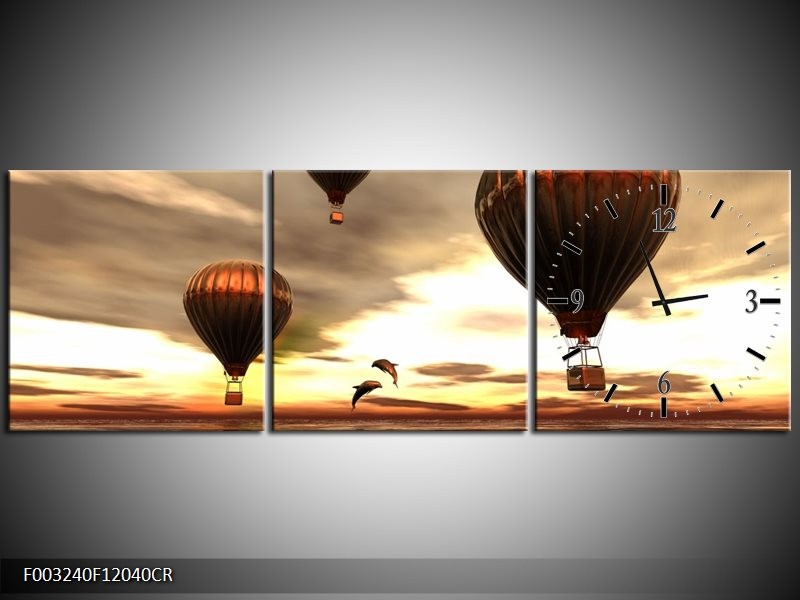 Klok schilderij Luchtballon | Grijs, Bruin, Wit | 120x40cm 3Luik