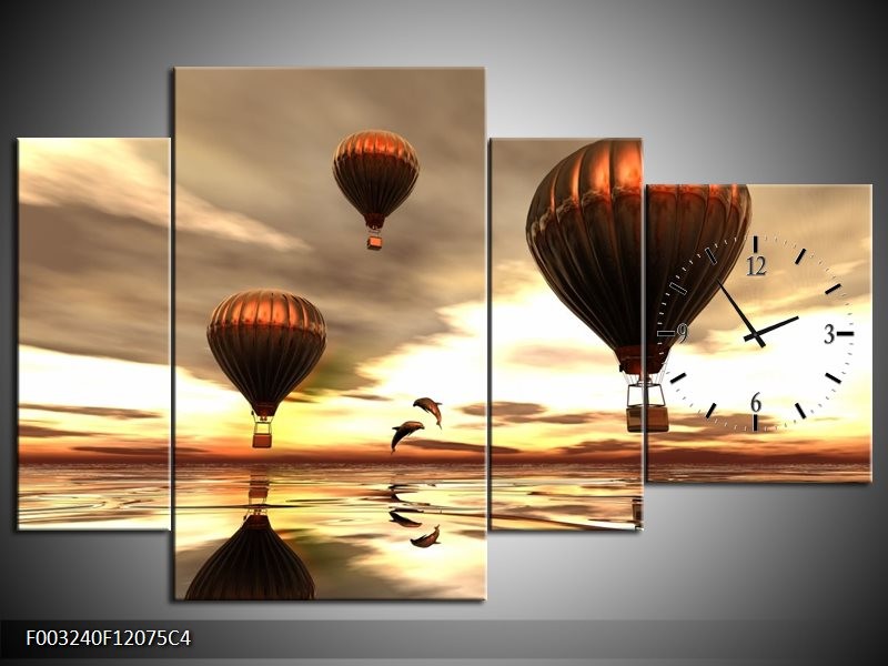 Klok schilderij Luchtballon | Grijs, Bruin, Wit | 120x75cm 4Luik