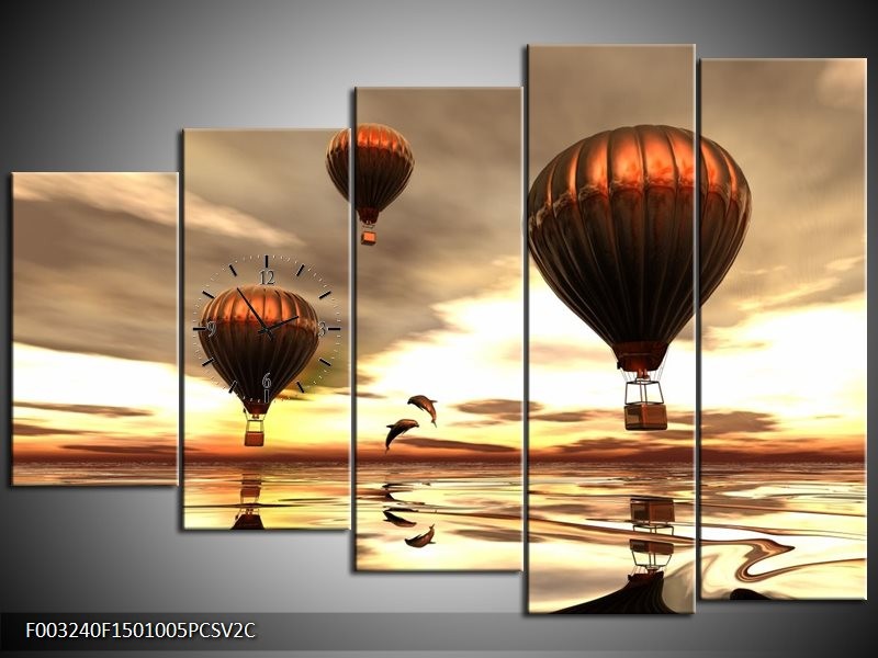 Klok schilderij Luchtballon | Grijs, Bruin, Wit | 150x100cm 5Luik