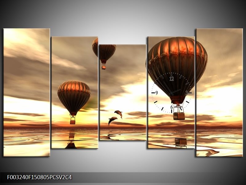 Klok schilderij Luchtballon | Grijs, Bruin, Wit | 150x80cm 5Luik
