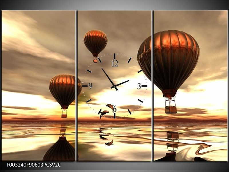 Klok schilderij Luchtballon | Grijs, Bruin, Wit | 90x60cm 3Luik