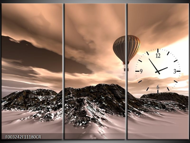Klok schilderij Luchtballon | Bruin, Zwart, Wit | 111x80cm 3Luik