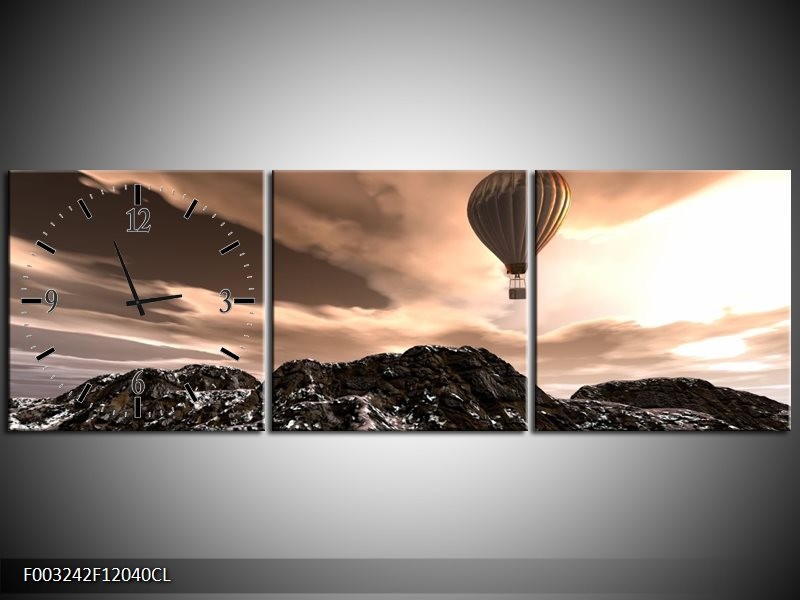 Klok schilderij Luchtballon | Bruin, Zwart, Wit | 120x40cm 3Luik