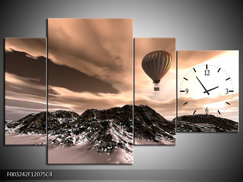 Klok schilderij Luchtballon | Bruin, Zwart, Wit | 120x75cm 4Luik