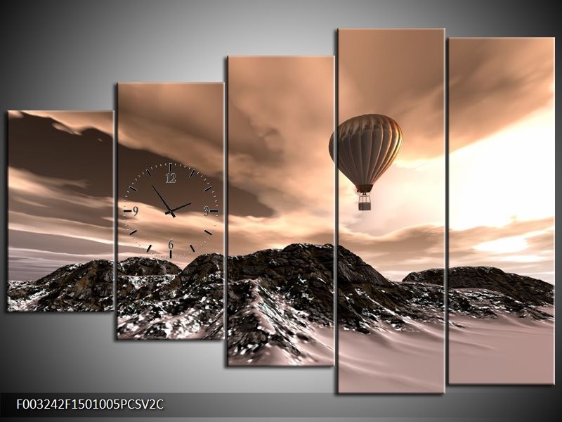 Klok schilderij Luchtballon | Bruin, Zwart, Wit | 150x100cm 5Luik