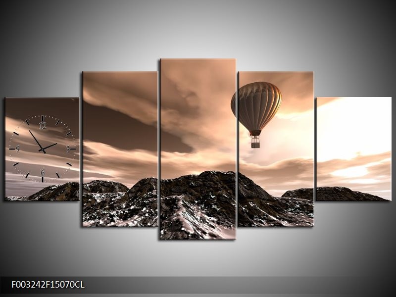Klok schilderij Luchtballon | Bruin, Zwart, Wit | 150x70cm 5Luik