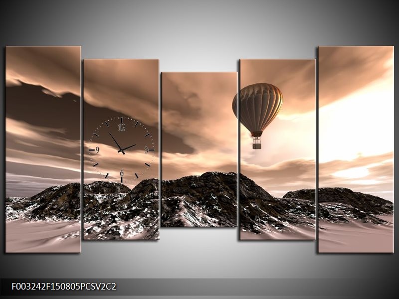 Klok schilderij Luchtballon | Bruin, Zwart, Wit | 150x80cm 5Luik