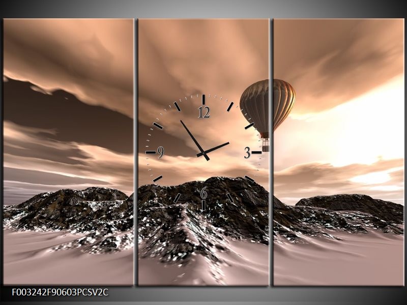 Klok schilderij Luchtballon | Bruin, Zwart, Wit | 90x60cm 3Luik