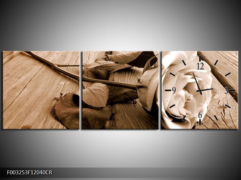 Klok schilderij Roos | Bruin, Sepia, Wit | 120x40cm 3Luik
