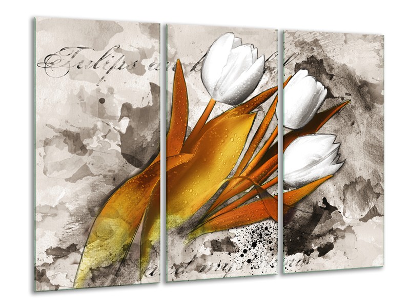 Canvas schilderij Tulpen | Grijs, Wit, Bruin | 120x80cm 3Luik