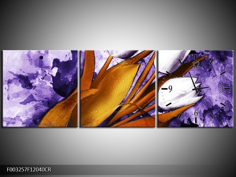 Klok schilderij Tulpen | Paars, Bruin, Wit | 120x40cm 3Luik