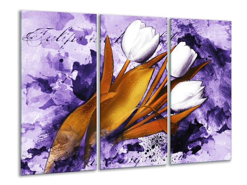 Canvas schilderij Tulpen | Paars, Bruin, Wit | 120x80cm 3Luik