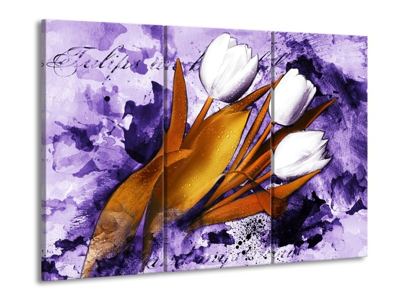 Canvas schilderij Tulpen | Paars, Bruin, Wit | 90x60cm 3Luik