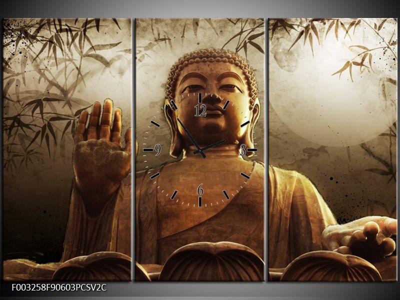 Klok schilderij Boeddha | Bruin, Grijs, Wit | 90x60cm 3Luik