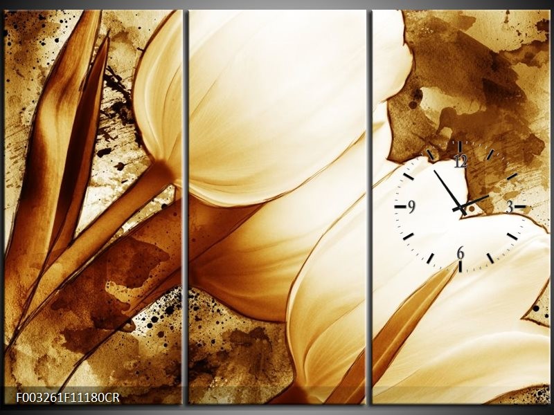 Klok schilderij Tulpen | Bruin, Wit | 111x80cm 3Luik