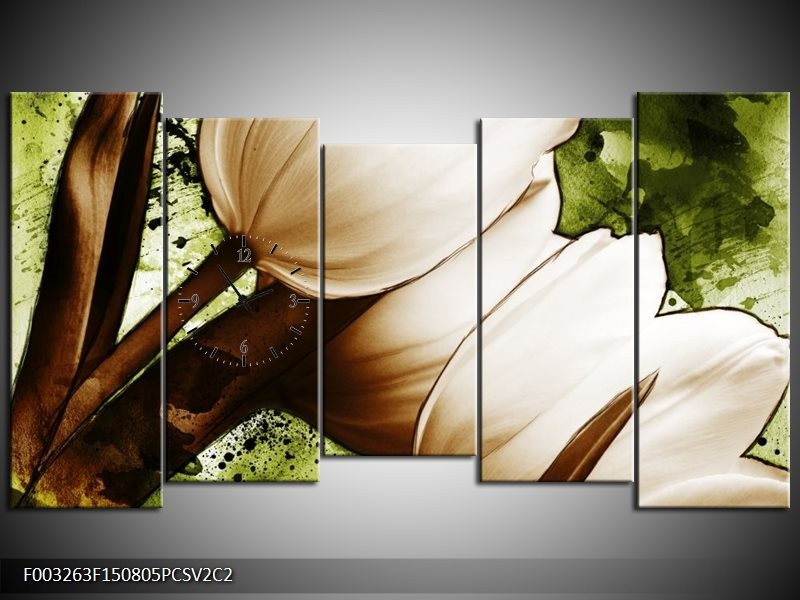 Klok schilderij Tulpen | Groen, Wit, Bruin | 150x80cm 5Luik