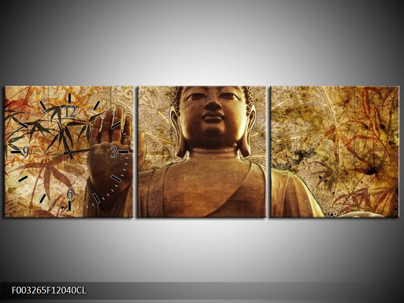 Klok schilderij Boeddha | Bruin, Grijs | 120x40cm 3Luik