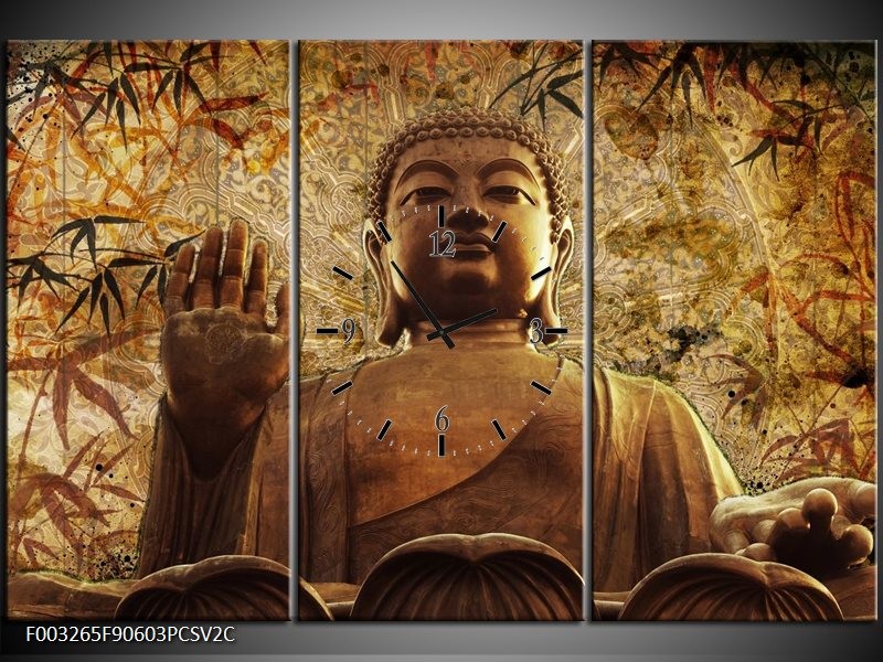 Klok schilderij Boeddha | Bruin, Grijs | 90x60cm 3Luik