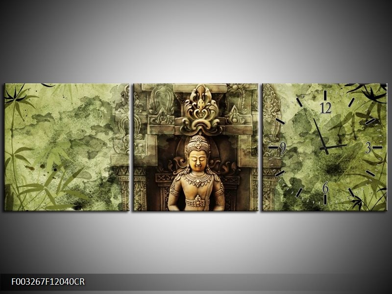 Klok schilderij Boeddha | Groen, Bruin | 120x40cm 3Luik
