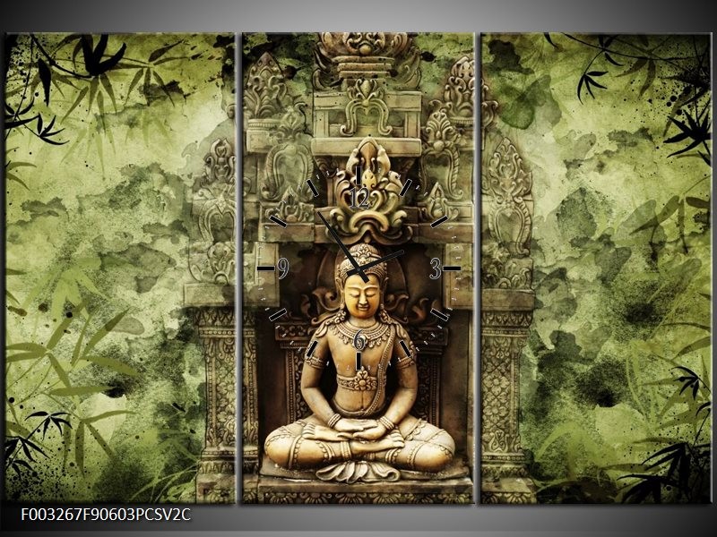 Klok schilderij Boeddha | Groen, Bruin | 90x60cm 3Luik
