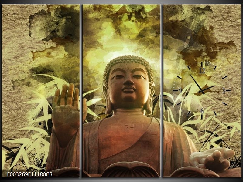 Klok schilderij Boeddha | Groen, Bruin | 111x80cm 3Luik