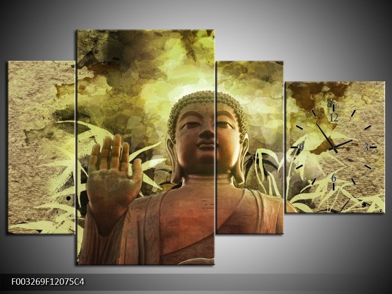 Klok schilderij Boeddha | Groen, Bruin | 120x75cm 4Luik
