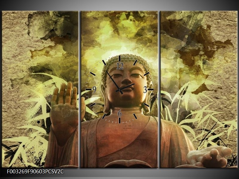 Klok schilderij Boeddha | Groen, Bruin | 90x60cm 3Luik