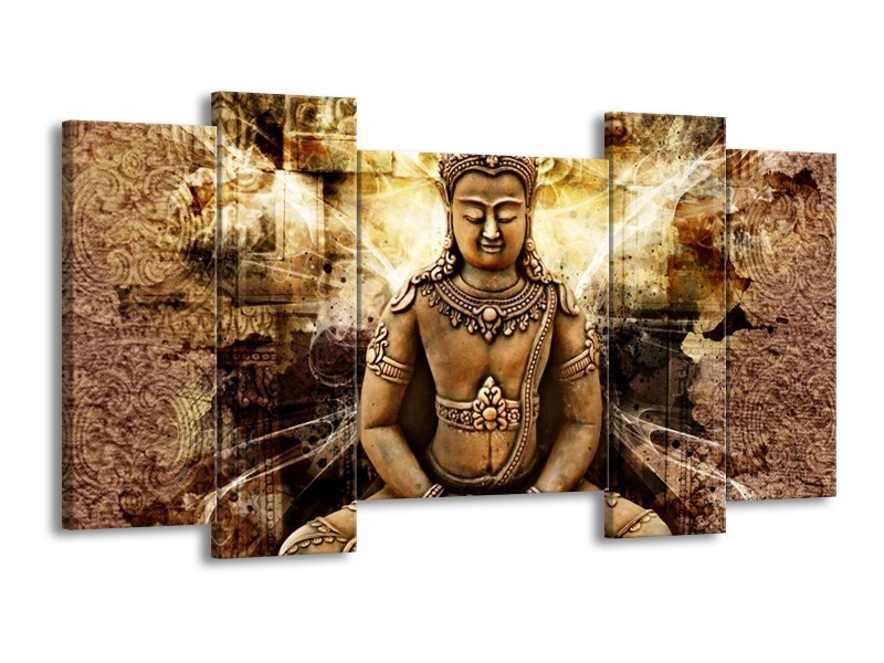 Canvas schilderij Boeddha | Bruin, Wit, Geel | 120x65 5Luik