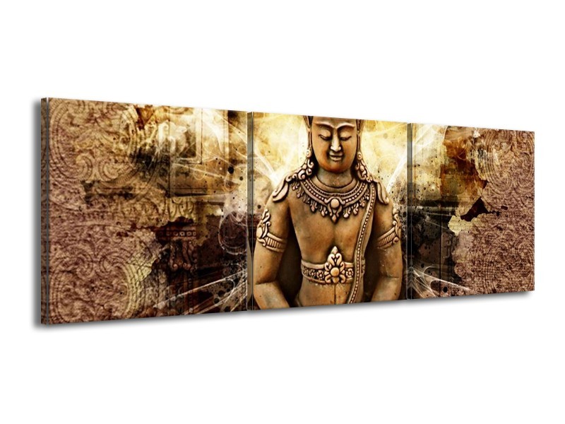 Canvas schilderij Boeddha | Bruin, Wit, Geel | 150x50cm 3Luik