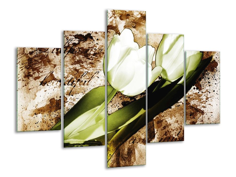 Glas schilderij Tulpen | Groen, Bruin, Wit | 100x70cm 5Luik
